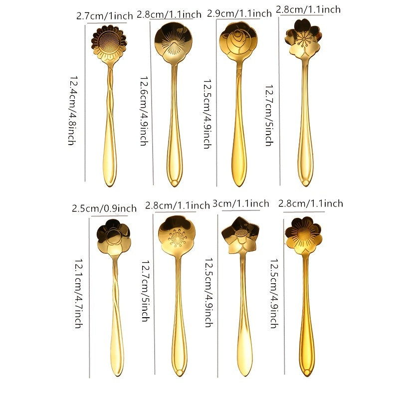 Golden Stainless Steel Coffee and Dessert Spoon Set with Floral and Geometric Designs for Tea and Cake