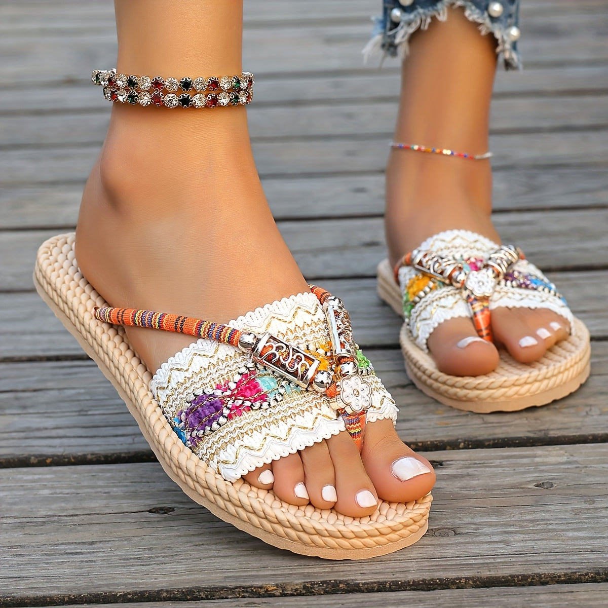 Women's Beach Slip-On Sandals Non-Slip EVA Beaded Ankle Strap