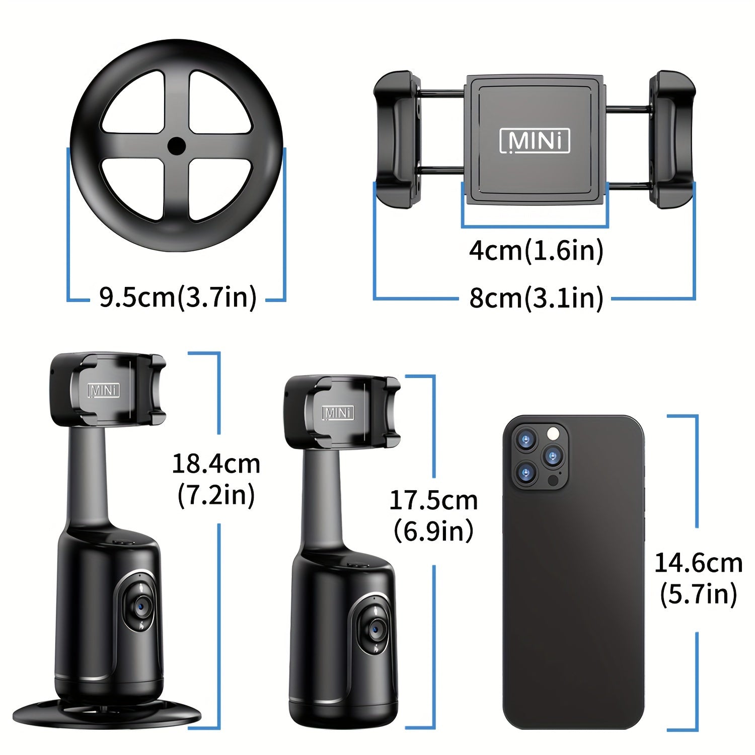 Self-Tracking Phone Tripod with 360° Rotation No App Needed Rechargeable Battery Black