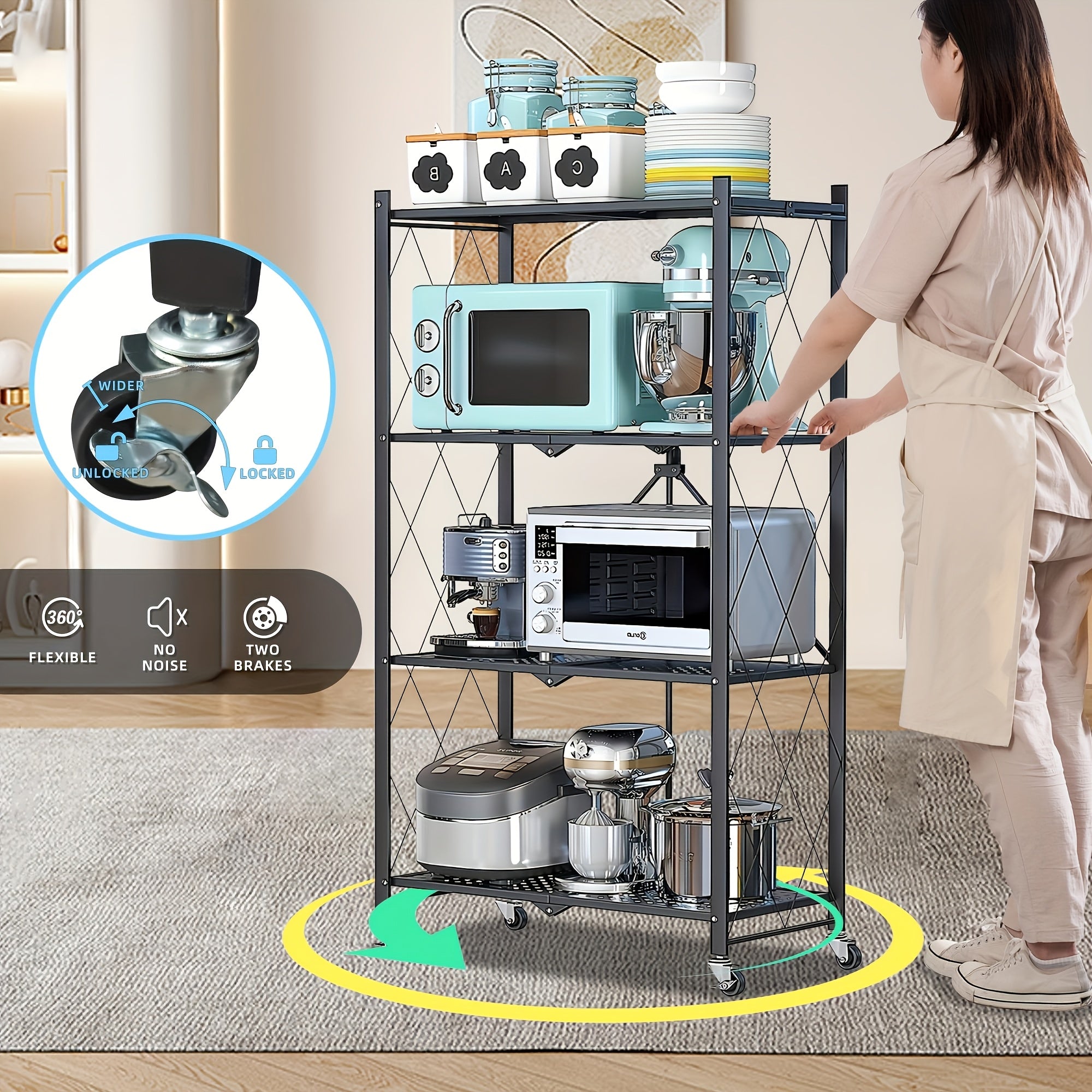 Estantería de almacenamiento plegable de 11 piezas, con 4 niveles y ruedas, unidad de estantería de gran capacidad, estantería de metal con rejilla, negra