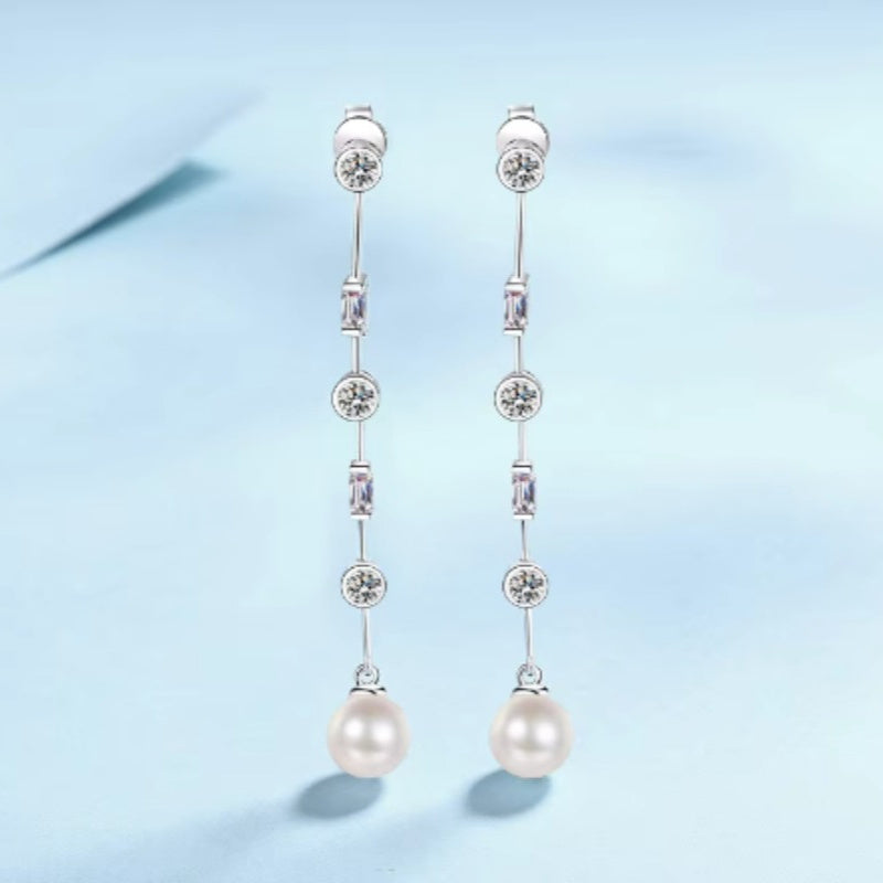 Sterling Silver Long Earrings with Freshwater Pearl Drops for Women