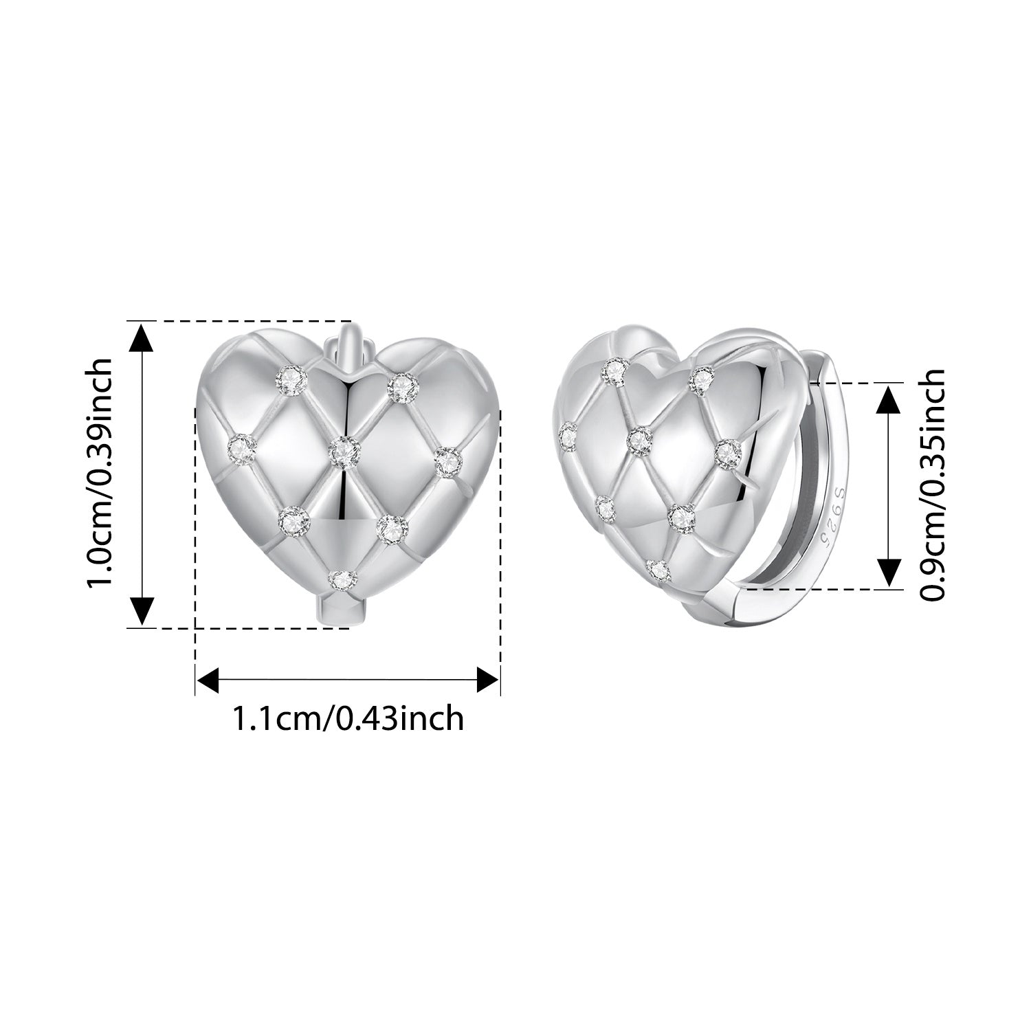 Yapon va Koreya ilhomlangan yurak va tekis naqshli sterling kumush sirg'alar, sintetik zirkoniya bilan, gippoallergen ayollar moda zargarligi uchun ideal, har kuni kiyish uchun yoki 14-fevral kuni sovg'a sifatida ajoyib.