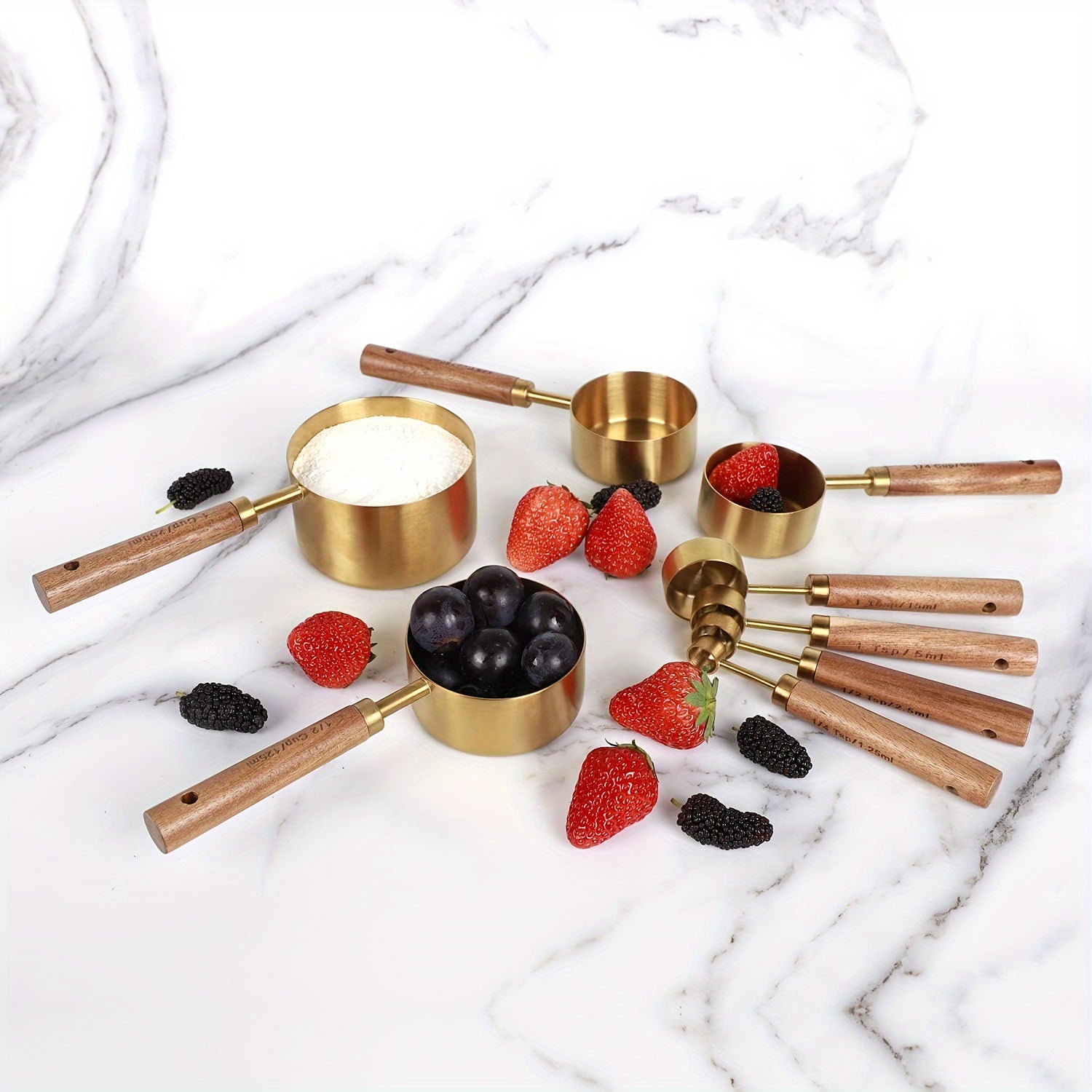 Golden Measuring Cup and Spoon Set with Wooden Handles, Durable Metal, Accurate Measurements