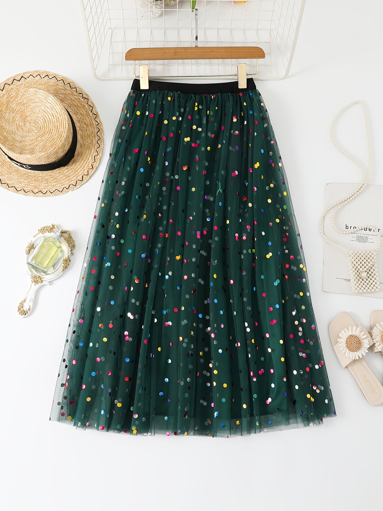 Women's Pleated Knit Skirt with Contrast Mesh Polyester Spring Summer Fall