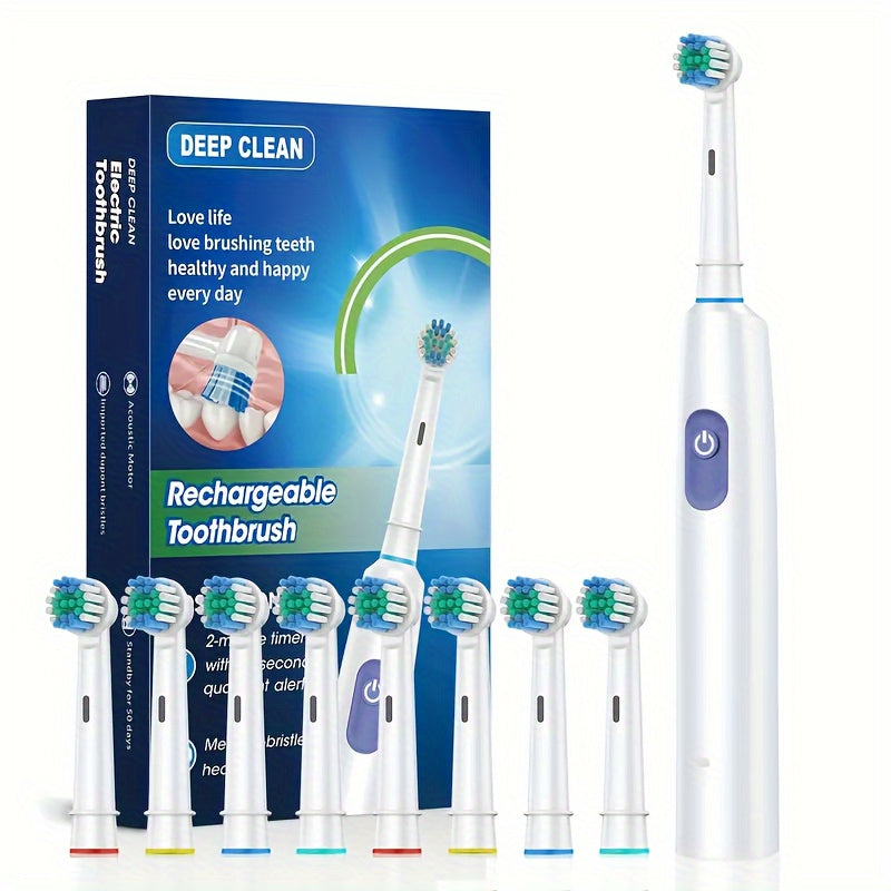 Electric Toothbrush Set with 8 Soft Nylon Replacement Heads Rechargeable Lithium Battery USB Charging Timer Beep Alert for Adults