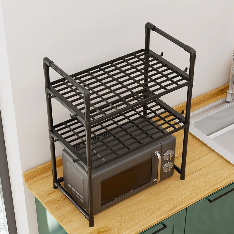 Black Expandable Microwave Stand with 3 Tiers and 8 Hooks for Kitchen or Home