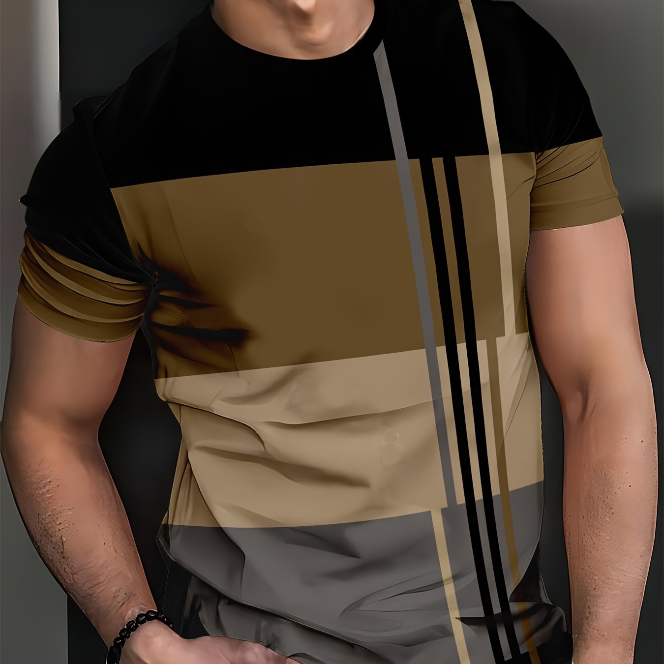 Мужская 3D полосатая полиэстеровая повседневная футболка с круглым вырезом