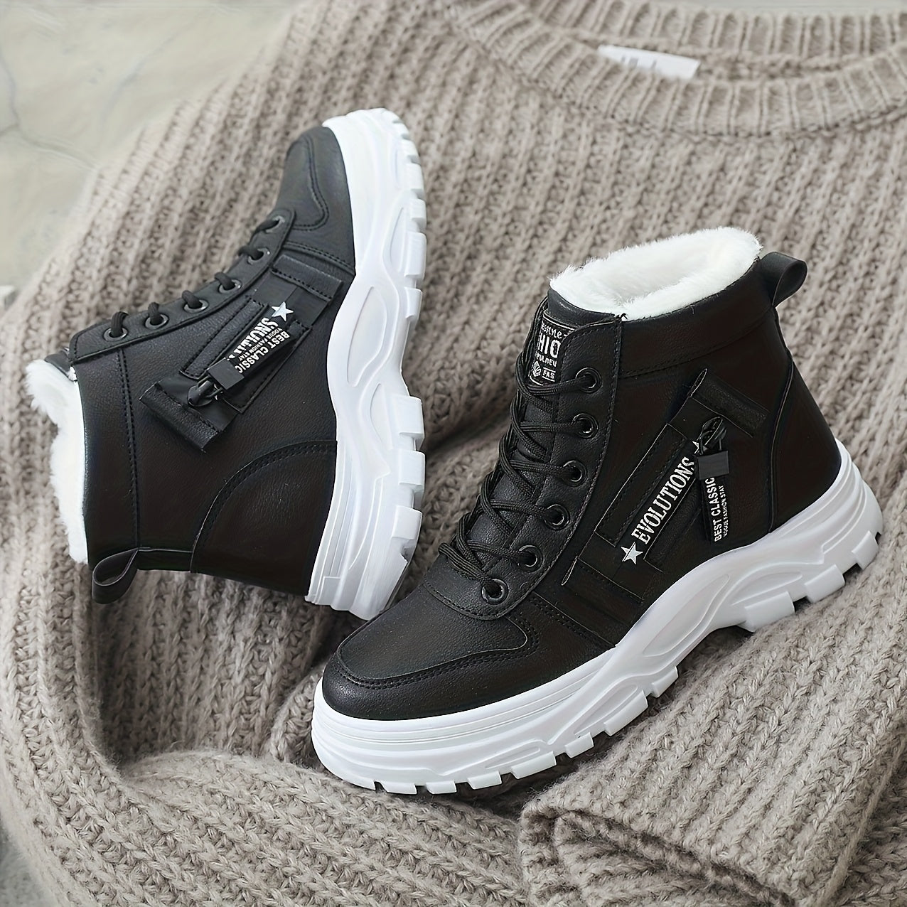 Women's Plush Lined Ankle Boots Winter Warm High-Top Lace-Up Shoes