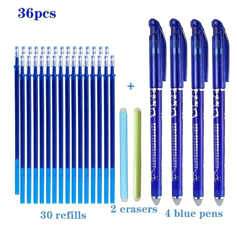 Set of 36 Blue 0.5mm Erasable Gel Pens with Replaceable Cores for Office and Students