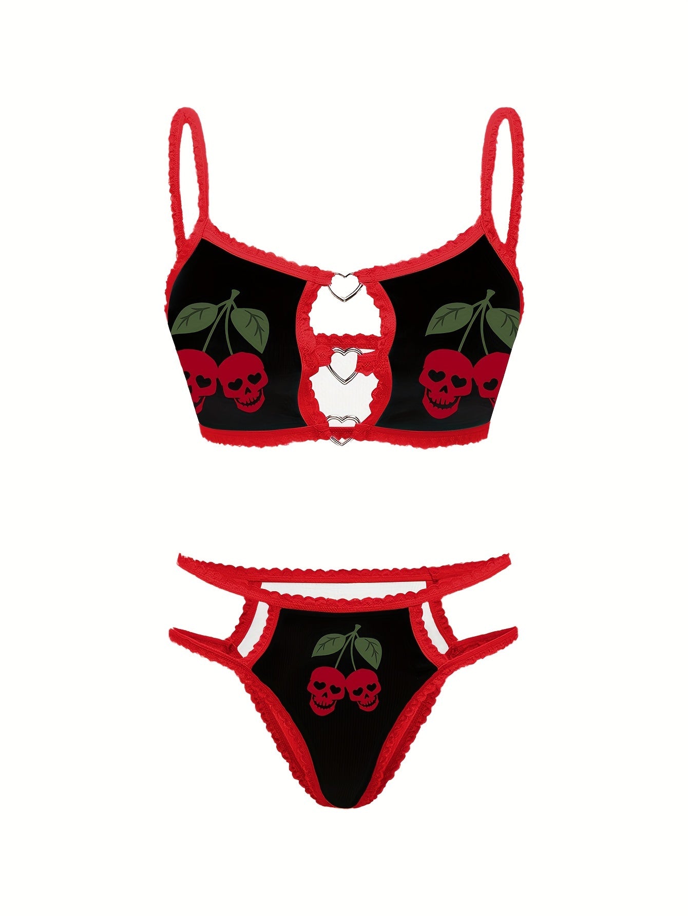Women's Lingerie Set with Skull and Cherry Print Breathable Polyester Blend Bra and Thong