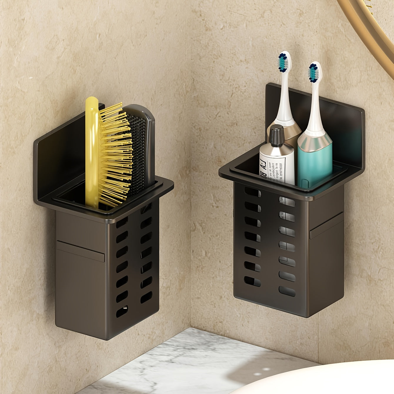 Wall-Mounted Bathroom Toothbrush Holder with Storage Rack Organizer and Container