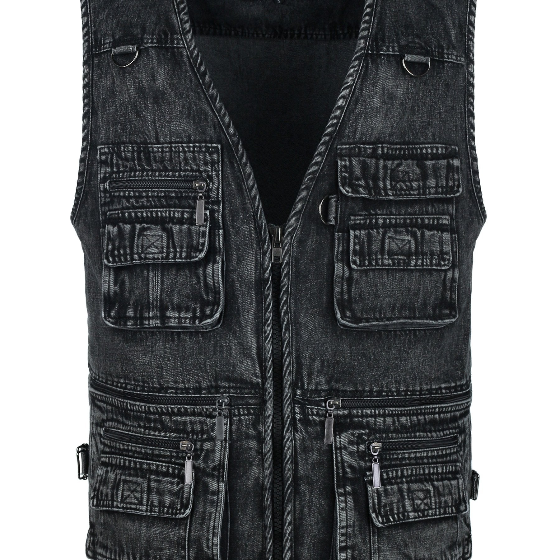 Men's Black Denim Zip-Up Vest with Multiple Pockets for Outdoor Activities
