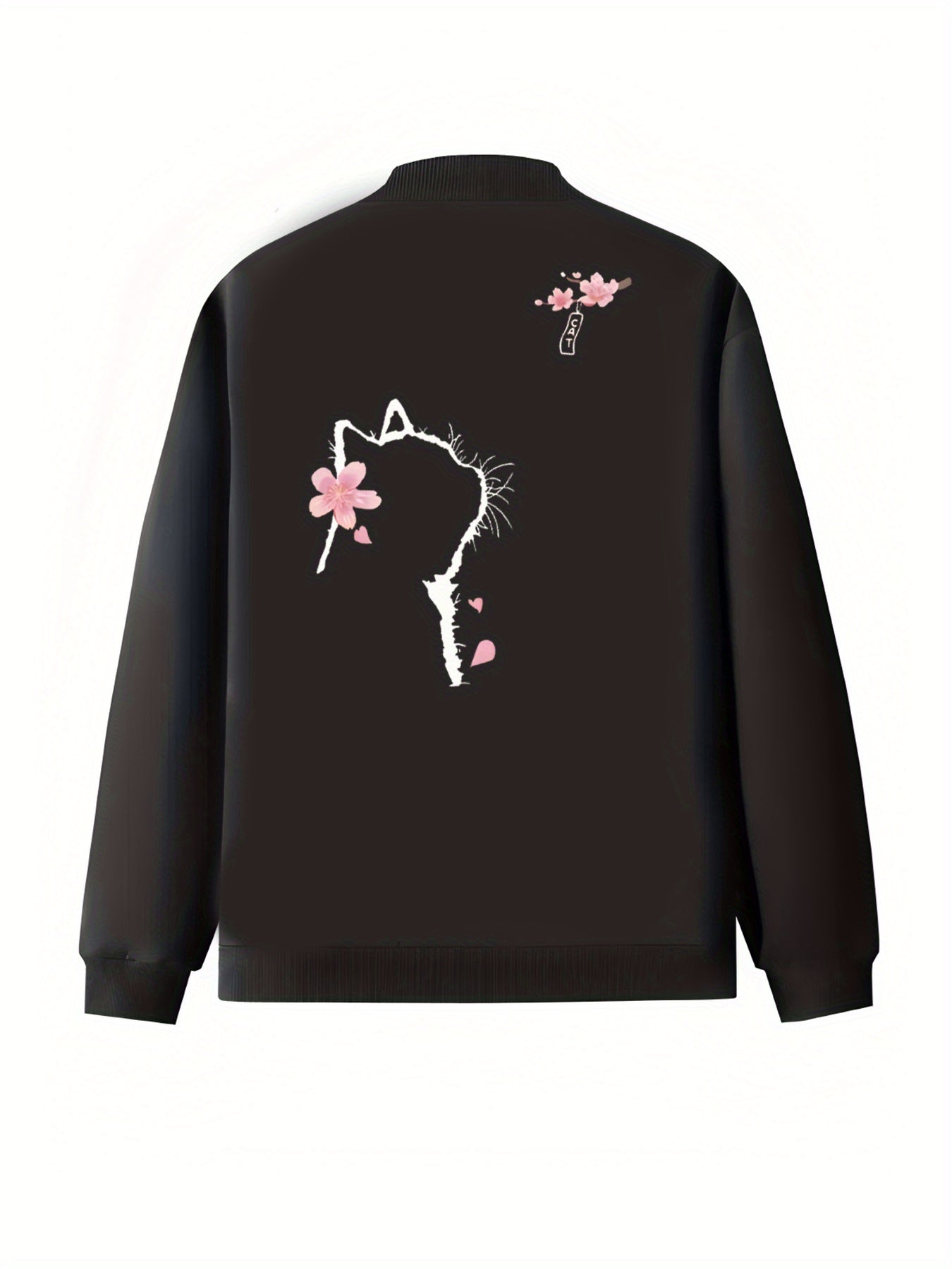 Women's Plus Size Casual Polyester Bomber Jacket with Pockets and Cherry Design