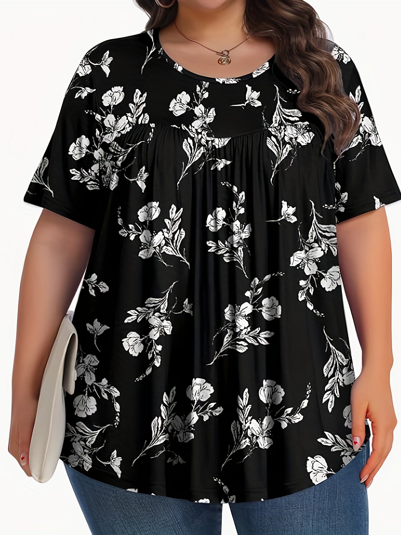 Plus Size Women's Floral Print Short Sleeve T-Shirt Casual All-Season Top