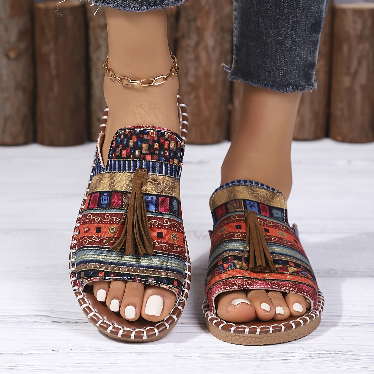 Ayollar uchun Bohemia tekis sandalki, etnik tassel, sirpanchiq bo'lmagan rezina, kundalik plyaj