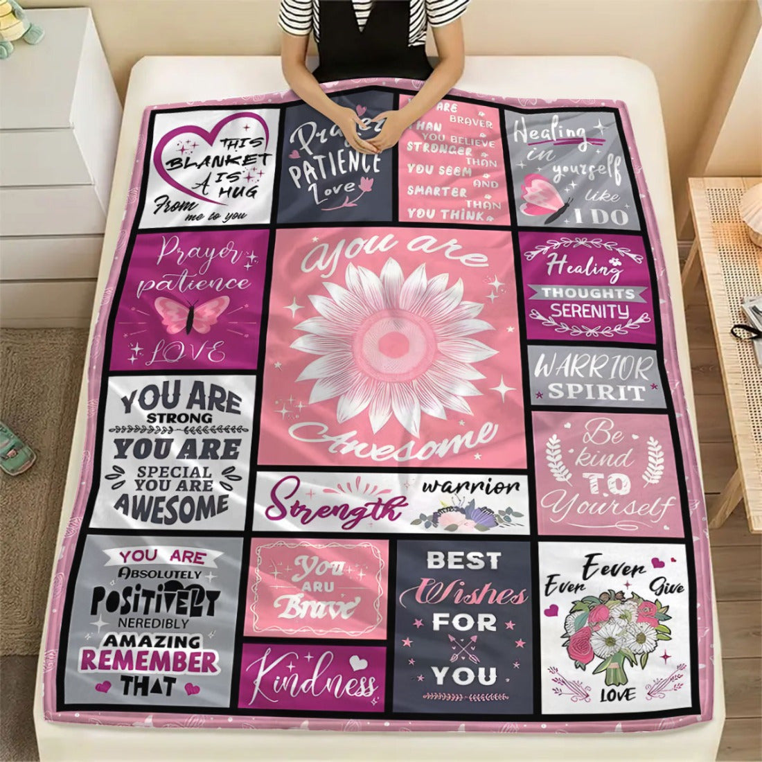 Cozy Flannel Fleece Throw Blanket for Women with Inspirational Message All-Season Polyester