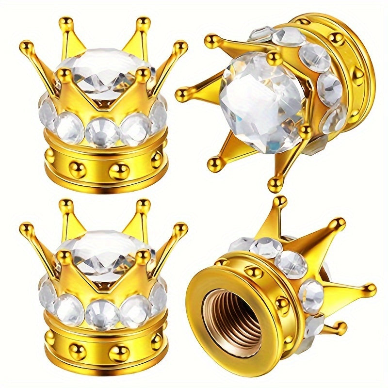4pcs Crown Shaped Tire Valve Stem Caps Bling Rhinestone Chrome Car Accessories