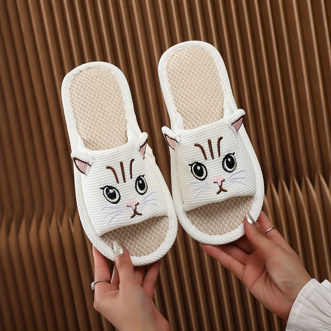 Kids or Adults Cartoon Cat Slippers Linen EVA Sole Non-Slip Open-Toe