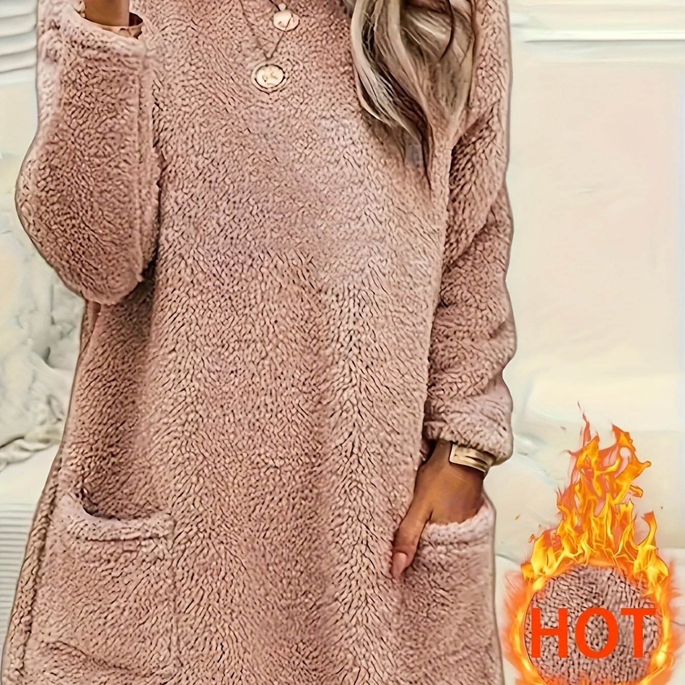 Women's Fleece Top with Pockets Long Sleeve Crew Neck Fall Winter Casual Solid