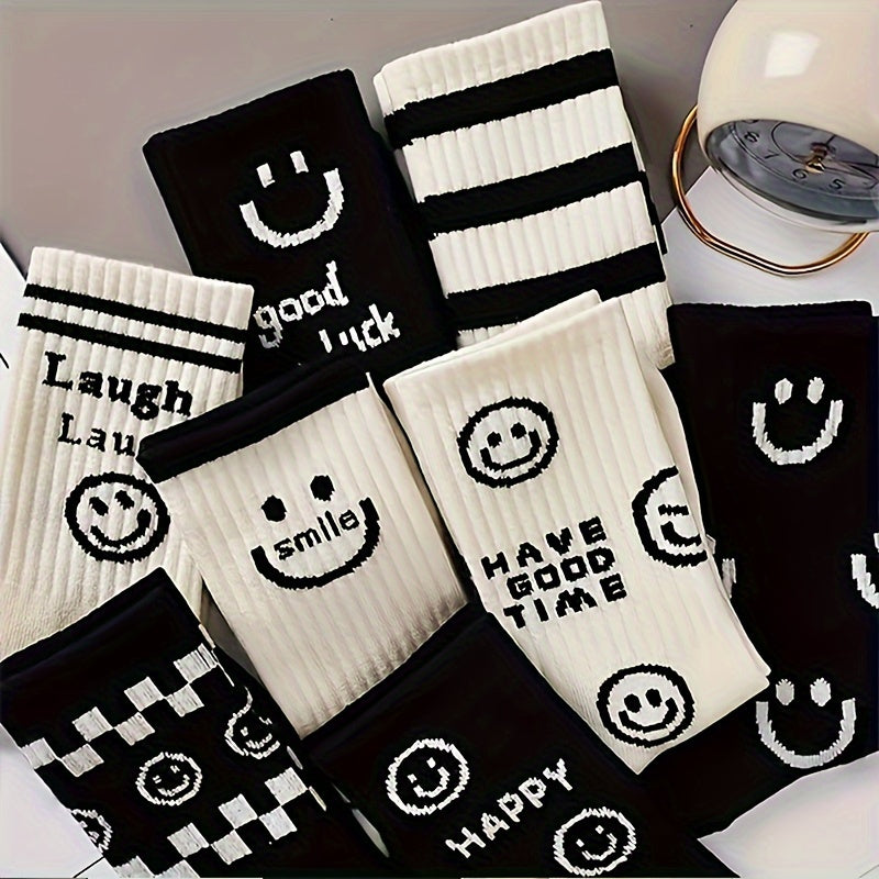 Women’s Vintage Style Mid Tube Socks 8 Pairs Knee-High Smiling Face Print