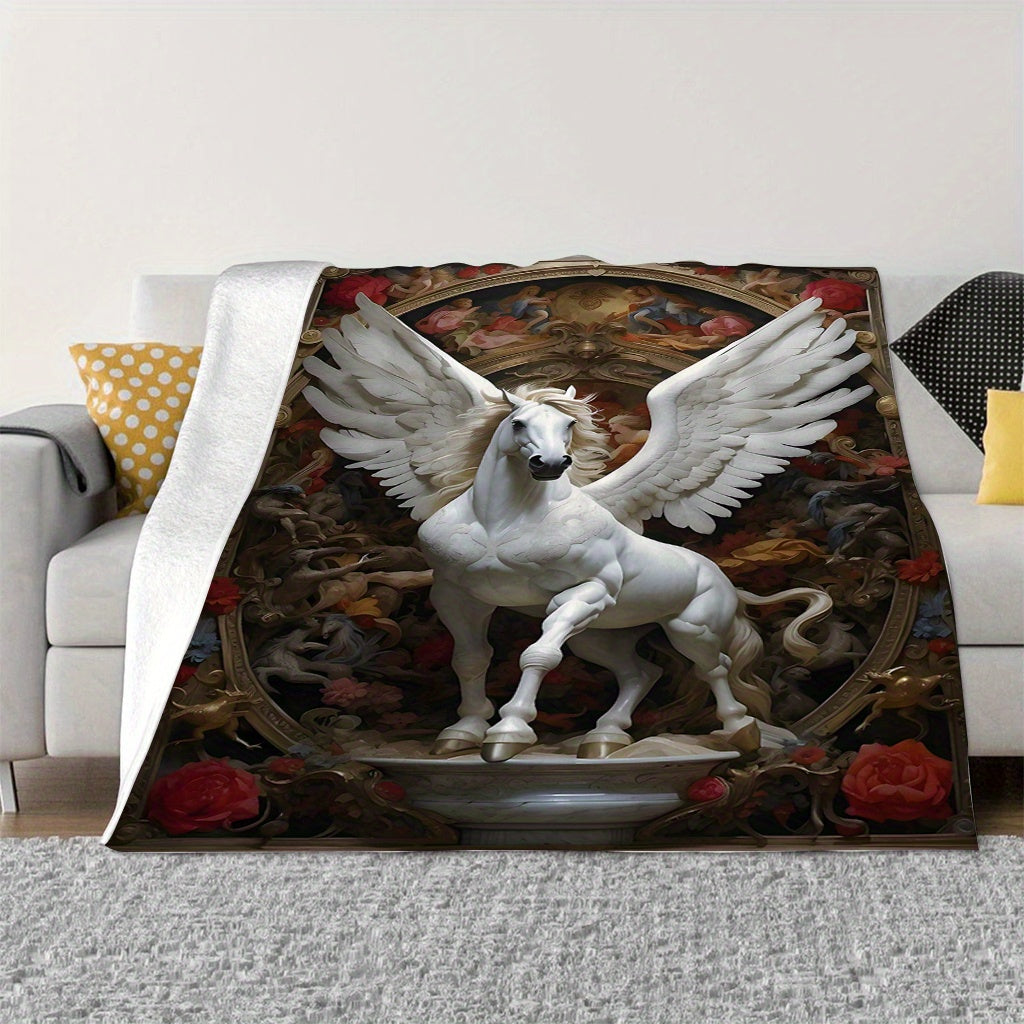 Soft Knitted Polyester Blanket with White Pegasus and Floral Angel Wings 70x100cm