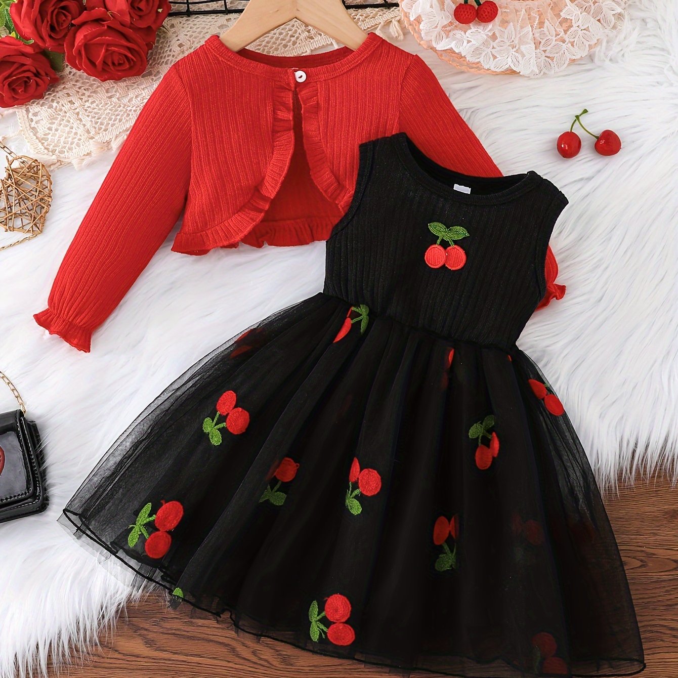 Girls' Dress Set with Ruffle Top and Cherry Embroidered Mesh Dress for Spring Fall