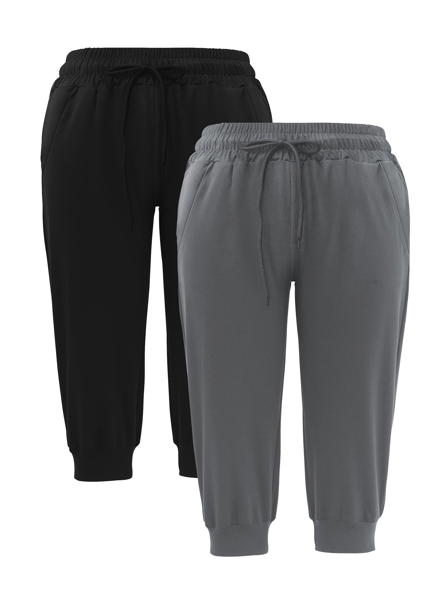 Plus Size Women's Stretchy Capri Joggers Black, Drawstring Waist, Pockets