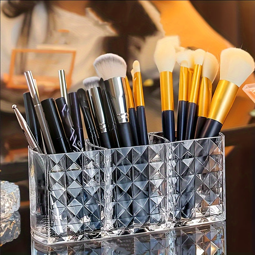 3-Slot Clear Plastic Makeup Organizer for Brushes and Eyebrow Pencils