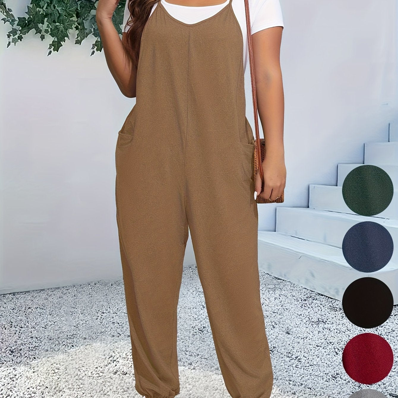 Plus Size Women's Heathered Cami Jumpsuit with Pockets Tapered Leg