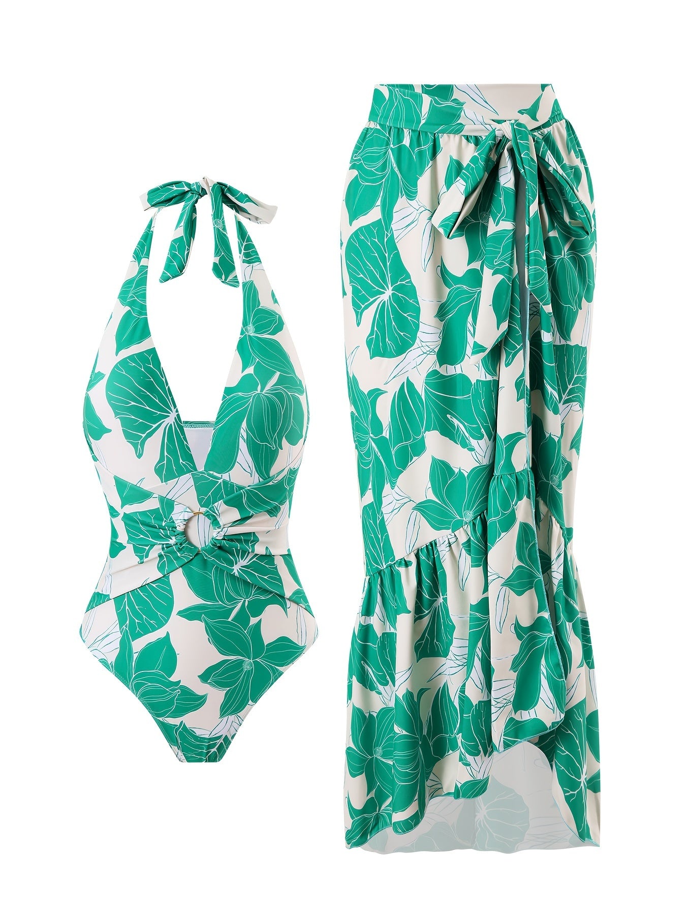 Floral Print One-Piece Swimsuit Set with Matching Beach Skirt for Vacation and Spa