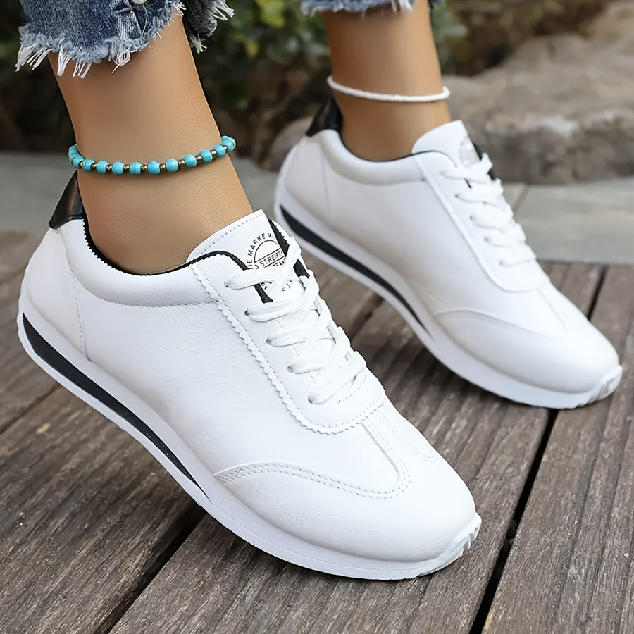 Women's White Breathable Casual Sneakers with Rubber Sole and Black Accents