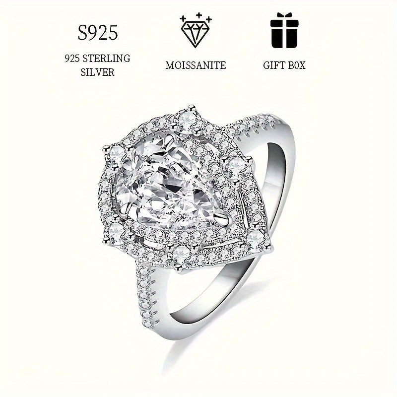 Women's Double Layer Silver Ring with Pear Moissanite 2ct Engagement Wedding Gift