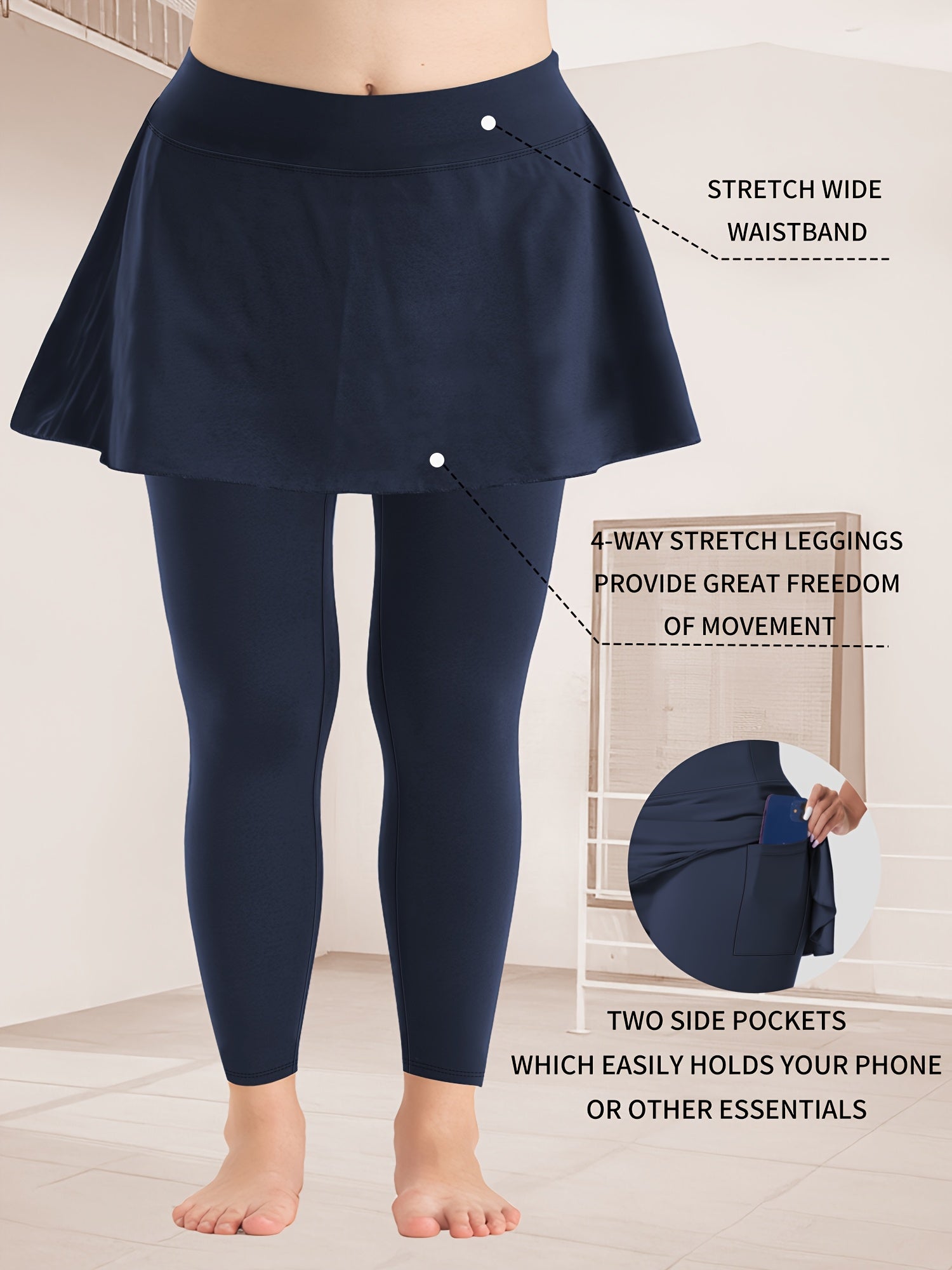 Plus Size High-Waist Leggings with 9-Pocket Design for Women in Solid Color