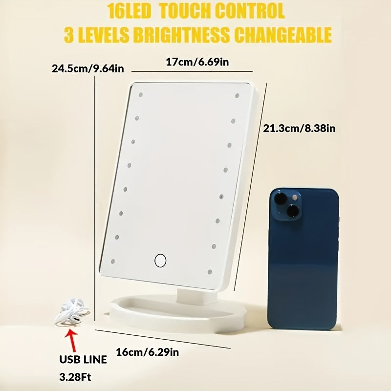 Portable Makeup Mirror with 16 LED Lights Touch Control Adjustable Brightness Battery or USB Powered