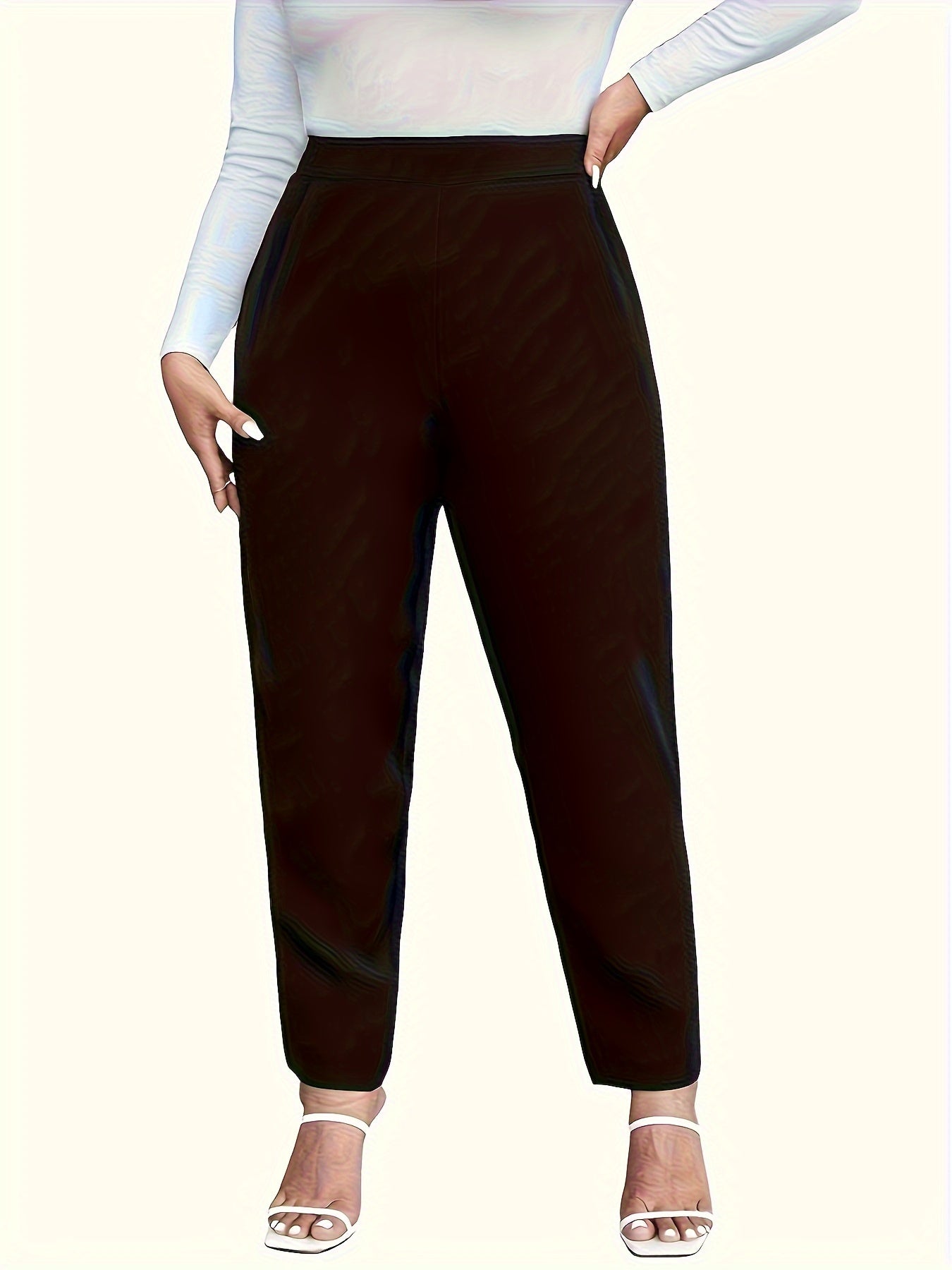 Plus Size Solid Ruched Pants with Elastic Waist for Spring and Fall