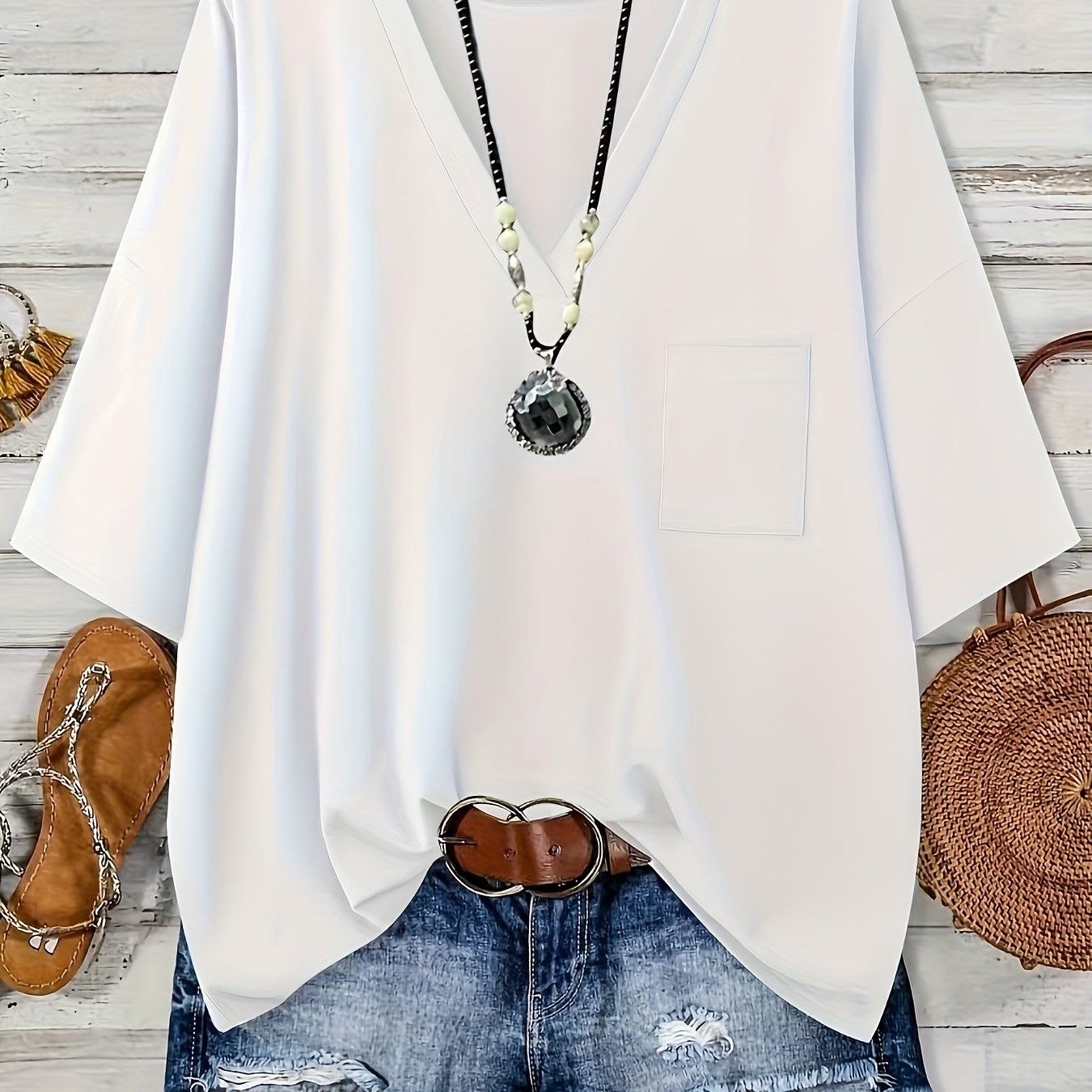 Women's Plus Size V-Neck Loose Top with Pockets Black Casual Summer Blouse