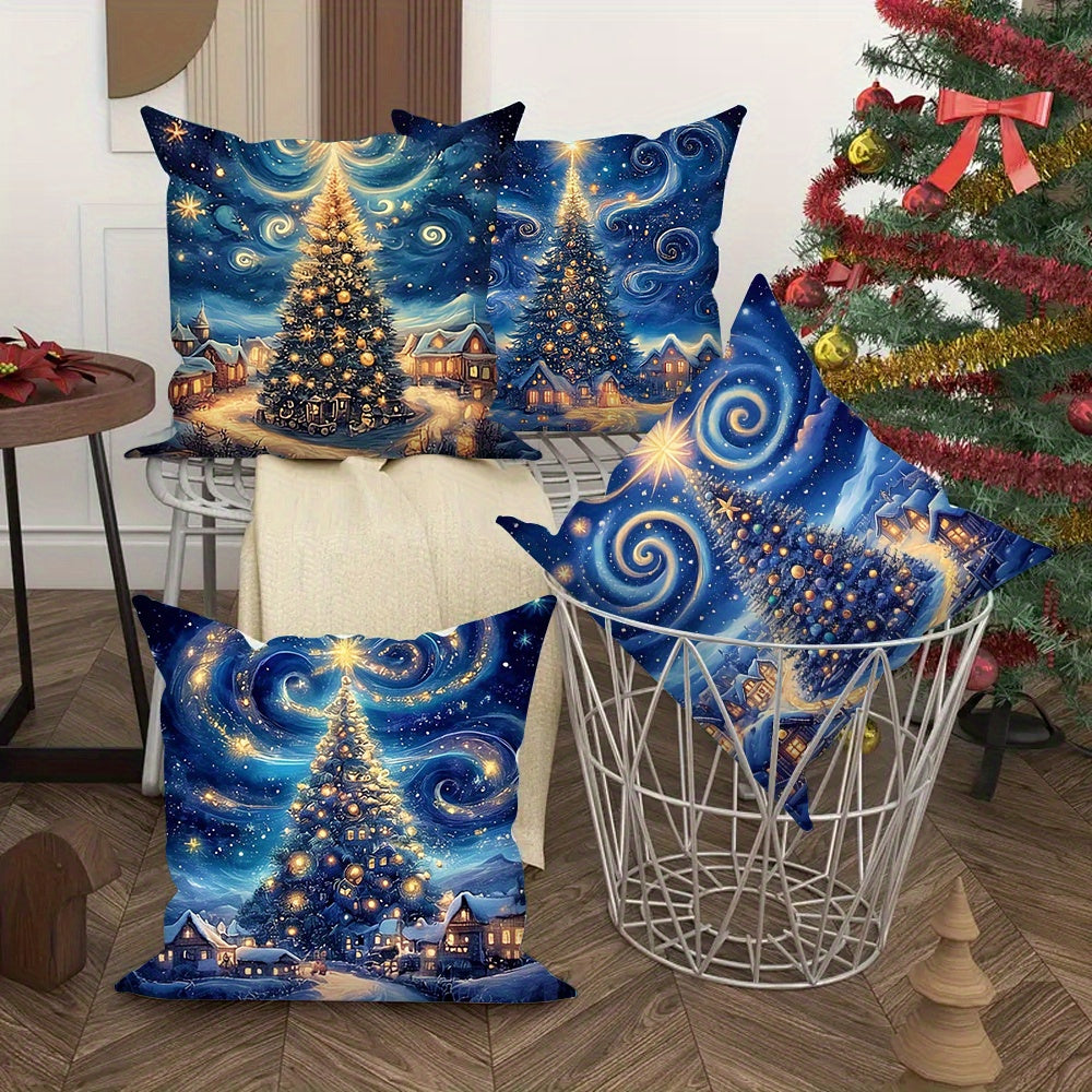 4-Piece Christmas Throw Pillow Cover Set Night Sky Tree Festive Home Decor