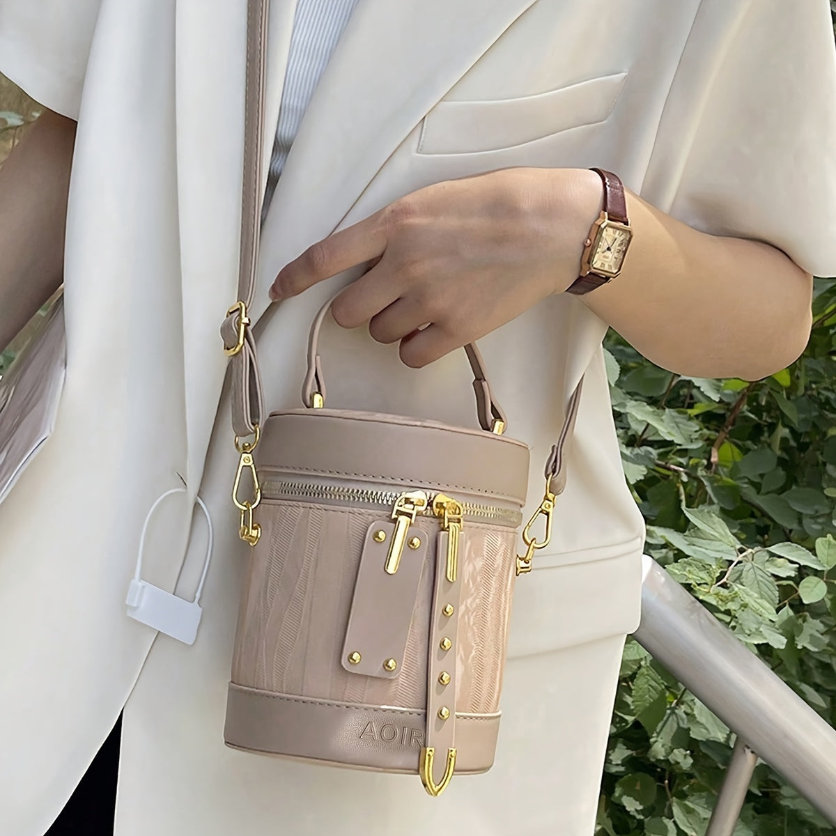 Striped PU Crossbody Bag for Women with Adjustable Strap and Zipper Closure