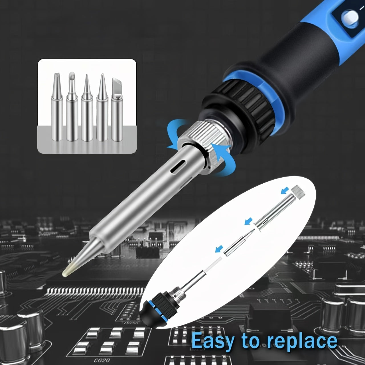 80W Adjustable Temperature Soldering Iron Kit with European Plug Blue Black Precision Tips Solder Paste