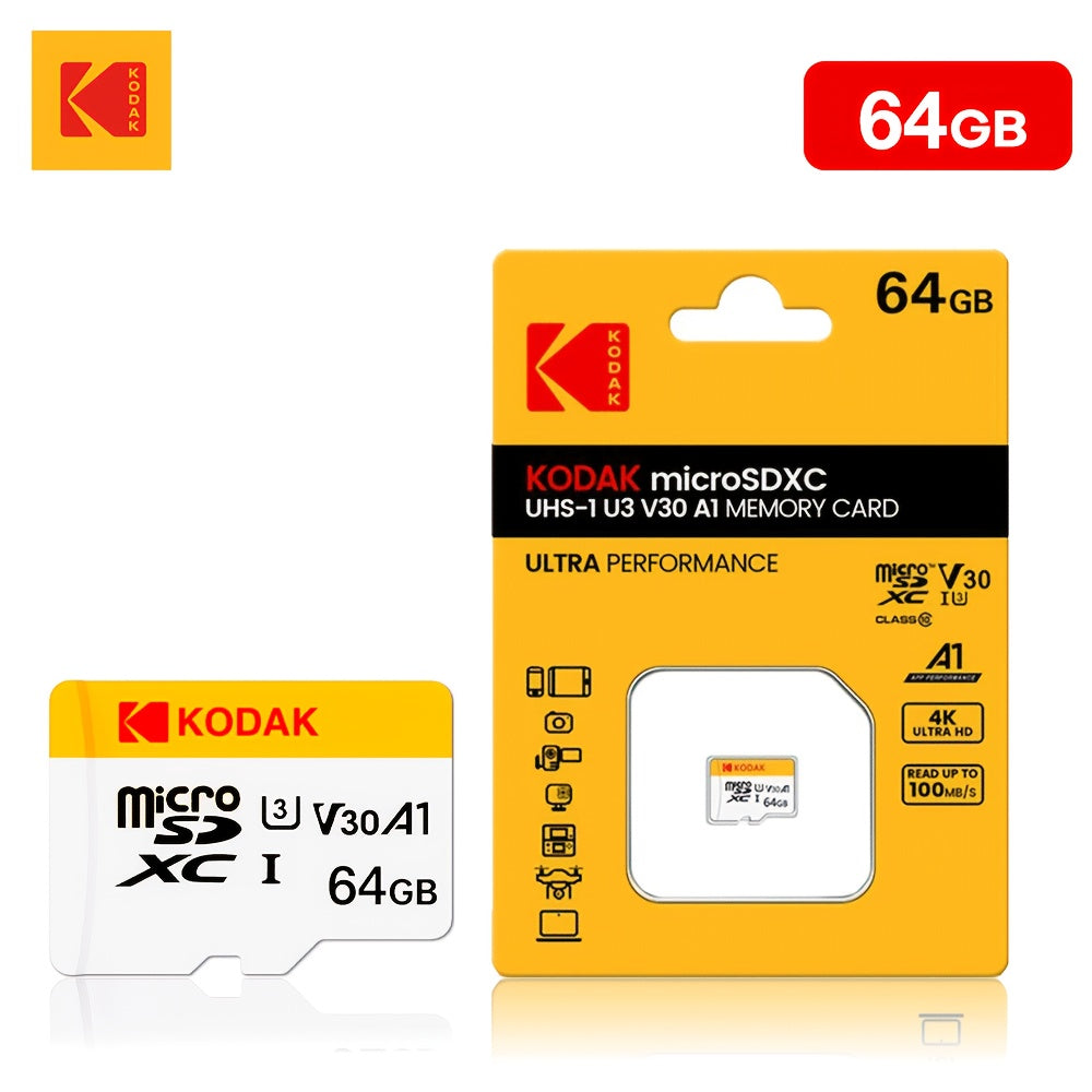 Kodak mikro TF kartalari turli qurilmalarda 4K HD video uchun yuqori tezlikda, Class 10 U3 ishlashini taklif etadi.