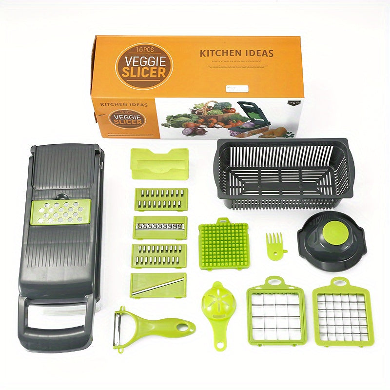 14/16pcs Multi-Functional Vegetable Cutter Set with Stainless Steel Blades and Container
