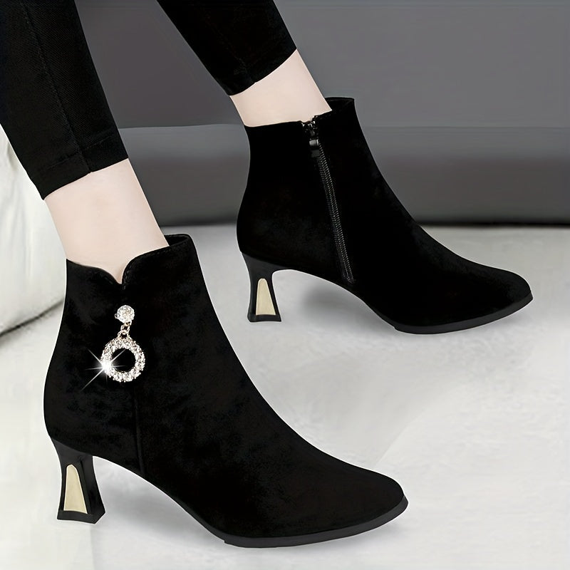 Women's Rhinestone Decor Block Heeled Boots Pointed Toe Side Zipper Short Boots