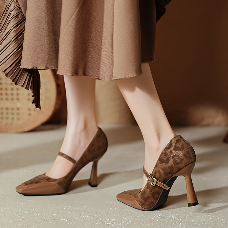 Women's Plus Size Leopard Print Pointed Toe Heeled Shoes with Ankle Strap