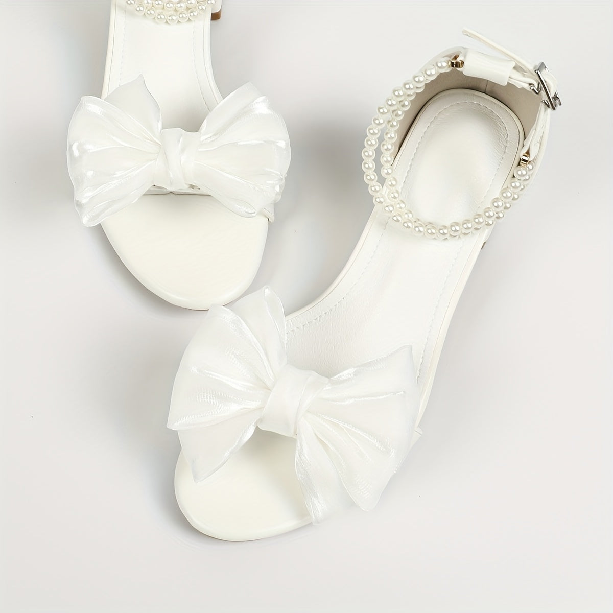 Women's Faux Pearl Low Block Heel Sandals with Bow Ankle Strap