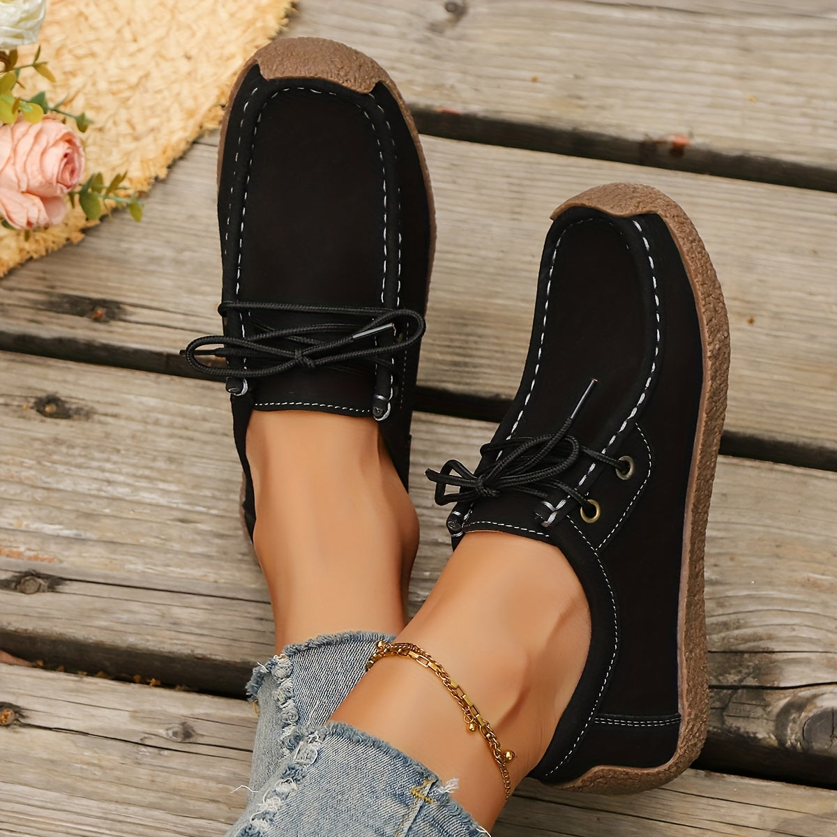 Women's Lightweight Non-Slip Casual Loafers Black Faux Slip-On Shoes