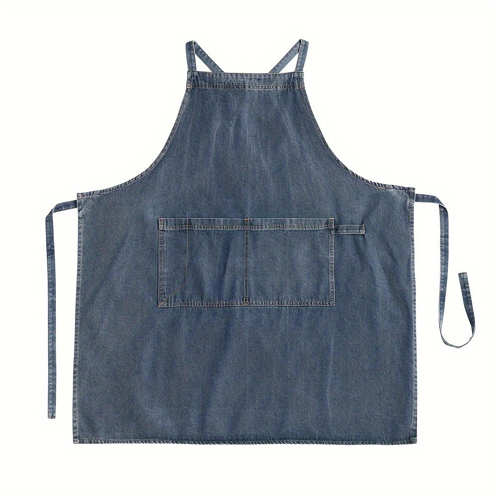 Blue Denim Apron with Pockets, Stain-Resistant, Adjustable Ties for Kitchen or Work