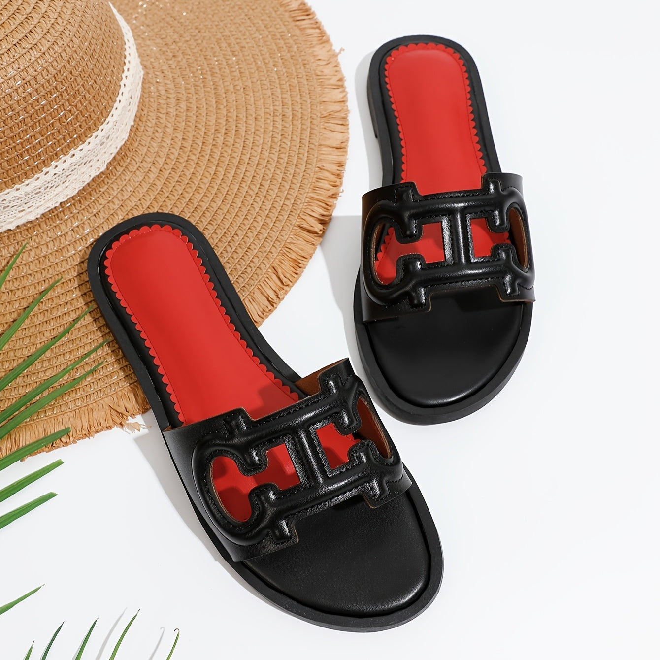 Women's Summer Slip-On Slippers Black PU Open-Toe Flat Casual