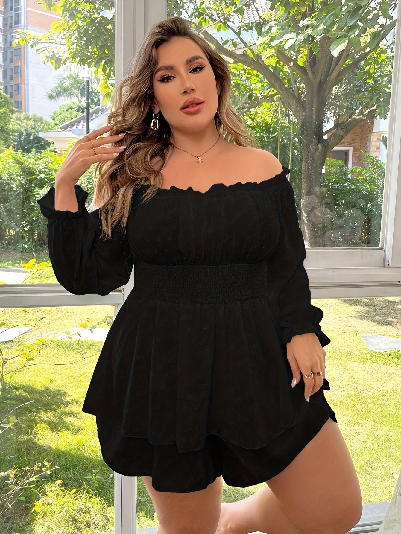 Women's Plus Size Off-Shoulder Ruffled Sleeve Jumpsuit Black Casual Elegant Romper