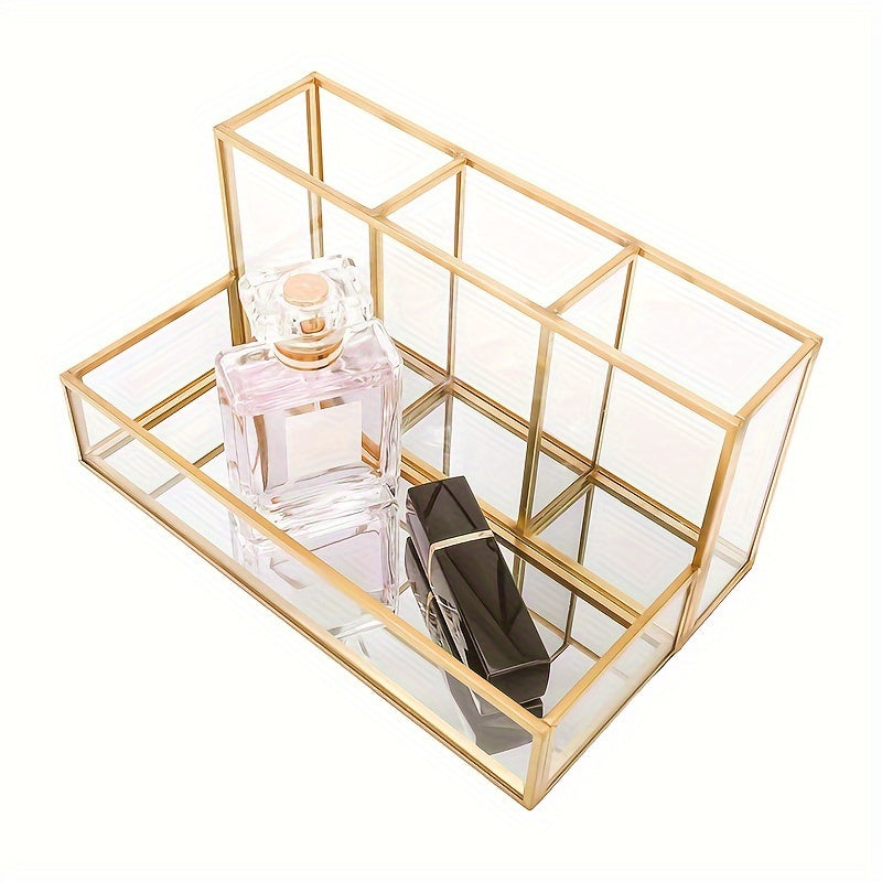 1 dona metall shisha makiyaj cho'tkasi ushlagichi, ko'zgu qozon, kosmetikalar, parfum, tirnoq bo'yog'i, lab bo'yog'i uchun saqlash tokchasi. Uy saqlash va xona bezatish uchun 4 ta to'rtburchak.