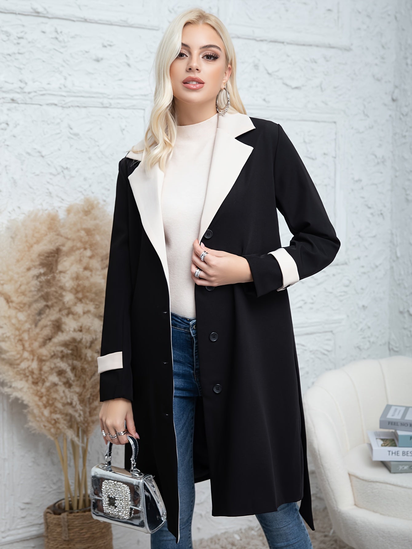Women's Mid-Length Trench Coat with Belted Lapel Long Sleeves Solid Polyester